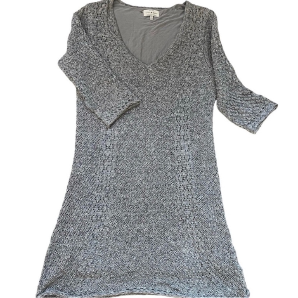Lucky Brand V Neck Dress Patterned Knit Lining 3/4 Sleeve Light Gray Size Medium